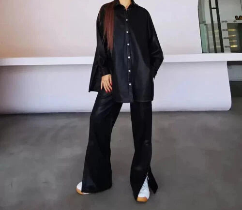 Black Original Leather Cargo Wide Leg Pants - High-Waisted Genuine Premium Leather Trousers for Women