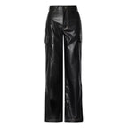 Black Original Leather Cargo Wide Leg Pants - High-Waisted Genuine Premium Leather Trousers for Women