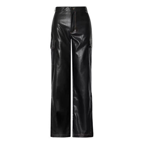 Black Original Leather Cargo Wide Leg Pants - High-Waisted Genuine Premium Leather Trousers for Women