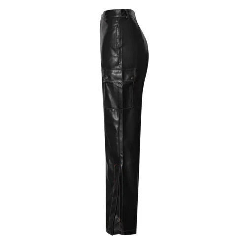 Black Original Leather Cargo Wide Leg Pants - High-Waisted Genuine Premium Leather Trousers for Women