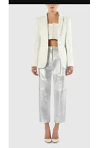 Silver Leather Straight Leg Pants - High-Waisted Slim Fit Genuine Leather Trousers for Women