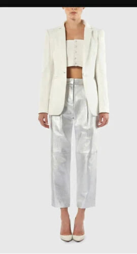 Silver Leather Straight Leg Pants - High-Waisted Slim Fit Genuine Leather Trousers for Women