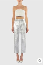 Silver Leather Straight Leg Pants - High-Waisted Slim Fit Genuine Leather Trousers for Women