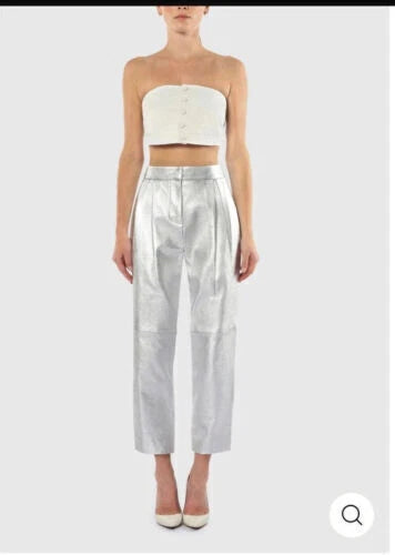 Silver Leather Straight Leg Pants - High-Waisted Slim Fit Genuine Leather Trousers for Women