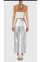 Silver Leather Straight Leg Pants - High-Waisted Slim Fit Genuine Leather Trousers for Women