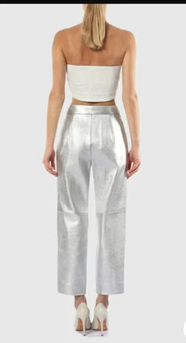 Silver Leather Straight Leg Pants - High-Waisted Slim Fit Genuine Leather Trousers for Women