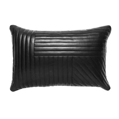 Black Pleated Original Leather Pillow - Premium Full-Grain Leather Decorative Cushion