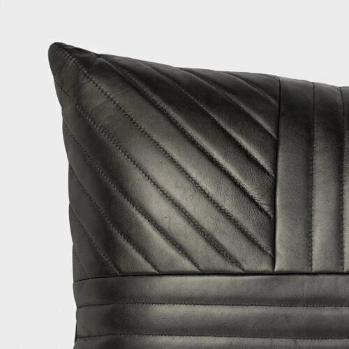 Black Pleated Original Leather Pillow - Premium Full-Grain Leather Decorative Cushion