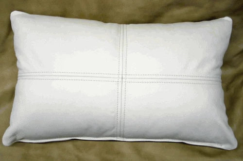 White Leather Original Pillow - Premium Full-Grain Leather Decorative Cushion with Cross-Stitch Detail