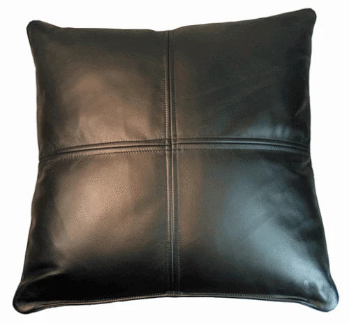 Black Leather Original Square Pillow - Premium Full-Grain Leather Decorative Cushion with Cross-Stitch Detail