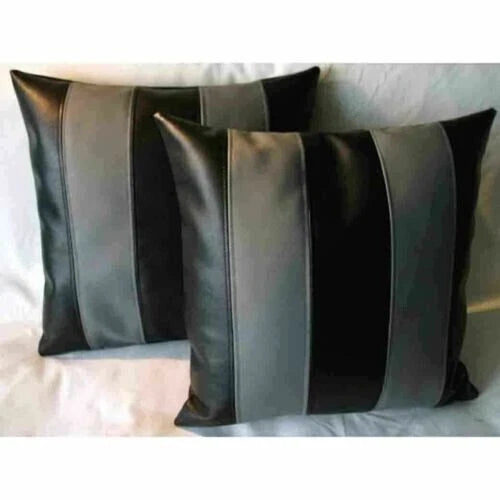 Black and Grey Striped Original Leather Pillow - Premium Full-Grain Leather Decorative Cushion