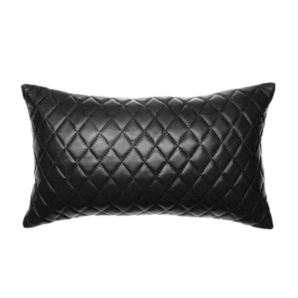 Black Quilted Original Leather Pillow - Premium Full-Grain Leather Decorative Cushion