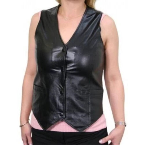 Black Leather Button Vest Coat for Women - Premium Full-Grain Waistcoat