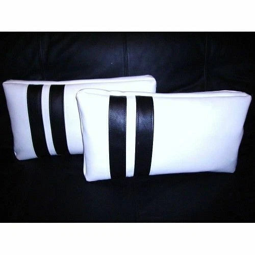 White Original Leather Pillow with Black Stripes - Premium Full-Grain Leather Cushion
