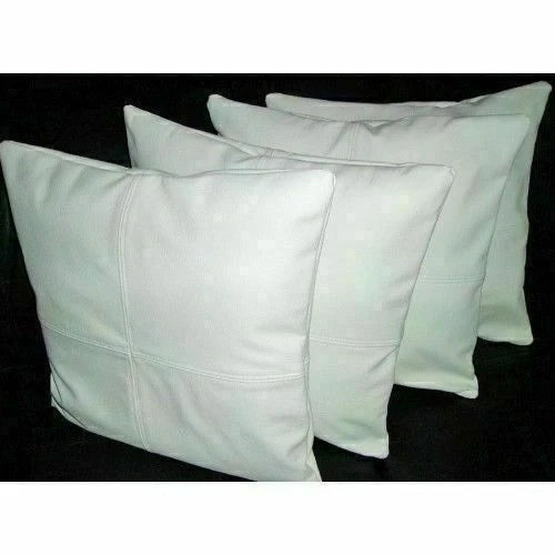 White Paneled Original Leather Pillow - Premium Full-Grain Leather Cushion with Stitched Panels