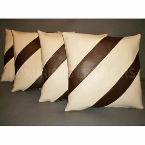 White and Brown Diagonal Original Striped Leather Pillow - Premium Full-Grain Leather Cushion