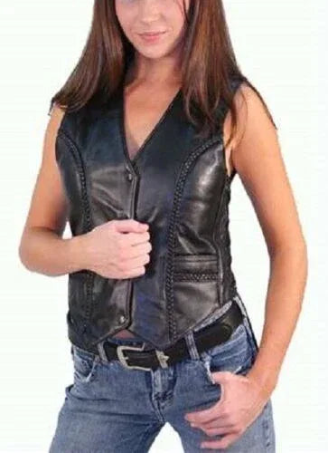 Black Original Leather Vest with Studs for Women - Premium Full-Grain Biker Vest