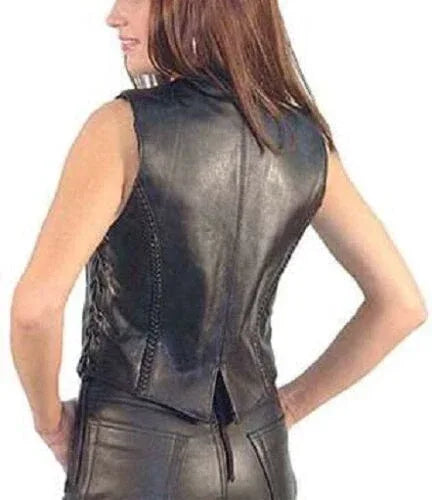 Black Original Leather Vest with Studs for Women - Premium Full-Grain Biker Vest