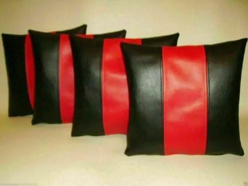 Black and Red Vertical Striped Original Leather Pillow - Premium Full-Grain Leather Cushion