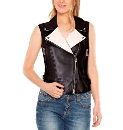 Women's Black & White Original Leather Vest - Premium Sleeveless Moto Jacket