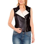 Women's Black & White Original Leather Vest - Premium Sleeveless Moto Jacket