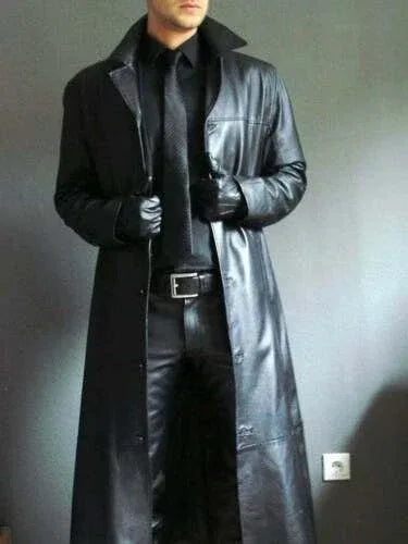 Men's Floor-Length Full-Grain Original Leather Trench Coat - Premium Black Long Leather Coat