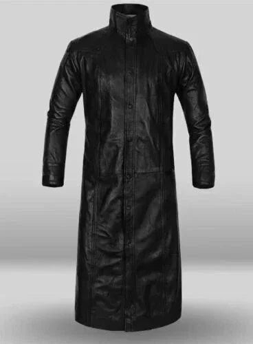 Men's Tactical Full-Grain Original Leather Trench Coat - Premium Black Long Coat with Asymmetric Design