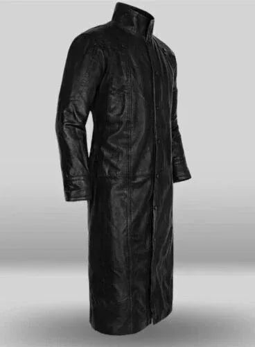 Men's Tactical Full-Grain Original Leather Trench Coat - Premium Black Long Coat with Asymmetric Design