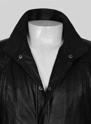 Men's Tactical Full-Grain Original Leather Trench Coat - Premium Black Long Coat with Asymmetric Design