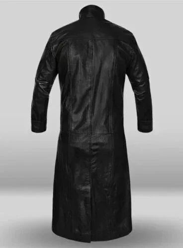 Men's Tactical Full-Grain Original Leather Trench Coat - Premium Black Long Coat with Asymmetric Design