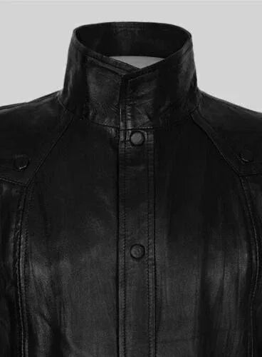 Men's Tactical Full-Grain Original Leather Trench Coat - Premium Black Long Coat with Asymmetric Design