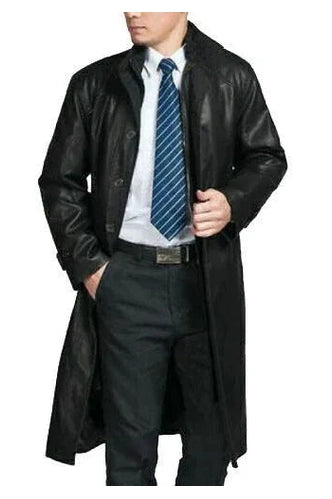 Men's Business Full-Grain Original Leather Trench Coat - Premium Black Professional Long Coat