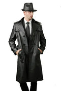 Men's Black Original Leather Trench Coat with Military Shoulder Detail – Handcrafted Full-Grain Overcoat