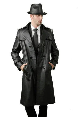 Men's Black Original Leather Trench Coat with Military Shoulder Detail – Handcrafted Full-Grain Overcoat