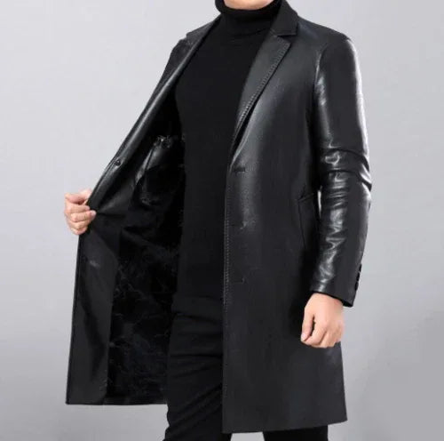 Men's Black Full-Grain Original Leather Blazer Coat – Handcrafted Mid-Length Overcoat