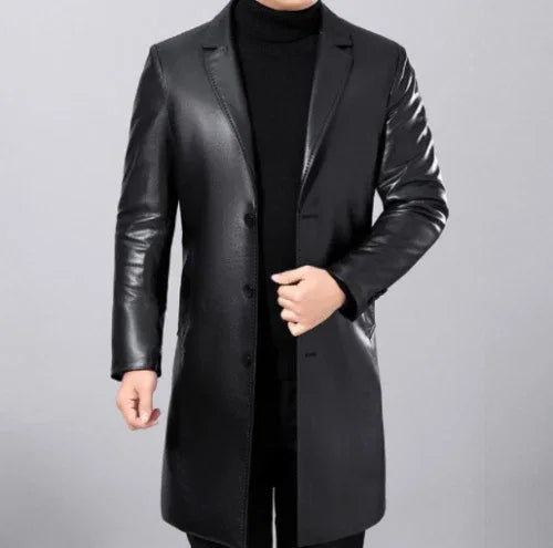 Men's Black Full-Grain Original Leather Blazer Coat – Handcrafted Mid-Length Overcoat