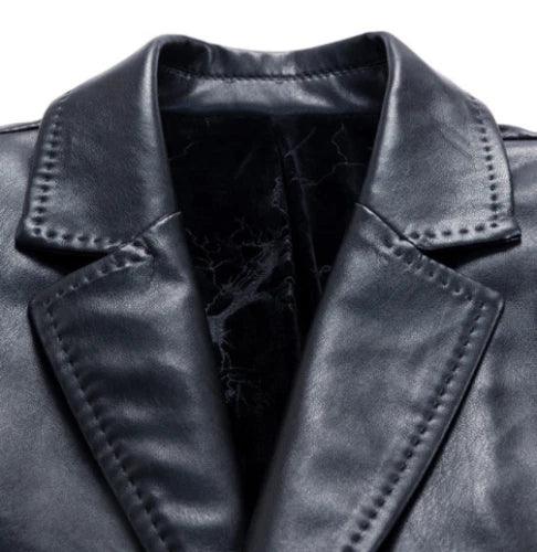 Men's Black Full-Grain Original Leather Blazer Coat – Handcrafted Mid-Length Overcoat