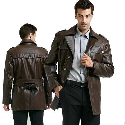Men's Brown Full-Grain Original Leather Military Trench Coat - Belted Coat with Epaulettes | Kamercio Leather