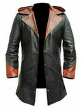 Men's Two-Tone Full-Grain Original Leather Coat - Green & Tan Contrast Collar Overcoat | Kamercio Leather
