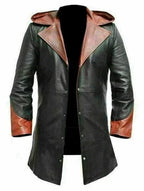 Men's Two-Tone Full-Grain Original Leather Coat - Green & Tan Contrast Collar Overcoat | Kamercio Leather