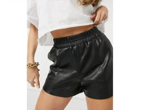Black Original Leather Athletic Shorts - Premium Full-Grain Elastic Waist Shorts for Women