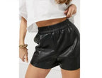 Black Original Leather Athletic Shorts - Premium Full-Grain Elastic Waist Shorts for Women