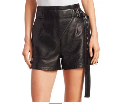 Premium Black Original Leather Shorts - High-Waisted with Lace-Up Belt Detail