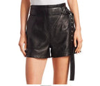 Premium Black Original Leather Shorts - High-Waisted with Lace-Up Belt Detail