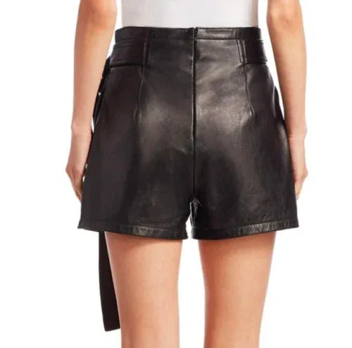 Premium Black Original Leather Shorts - High-Waisted with Lace-Up Belt Detail