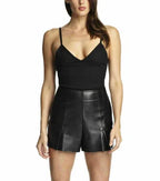Women's Pleated Original Leather Shorts - High-Waisted Black Tailored Shorts with Front Pleats