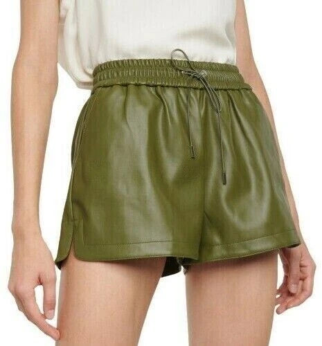 Women's Olive Green Original Leather Shorts - Drawstring Waist Relaxed Fit Shorts