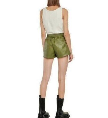 Women's Olive Green Original Leather Shorts - Drawstring Waist Relaxed Fit Shorts