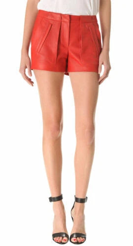 Women's Red Original Leather Shorts - High-Waisted Shorts with Zipper Pocket Details