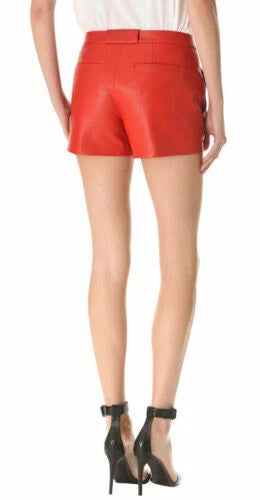 Women's Red Original Leather Shorts - High-Waisted Shorts with Zipper Pocket Details